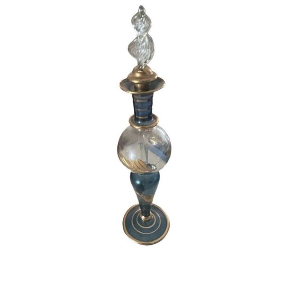 Vintage Perfume Bottle Egyptian Blown Glass Blue Gold Swirl Base with Stopper 6" - Picture 1 of 3
